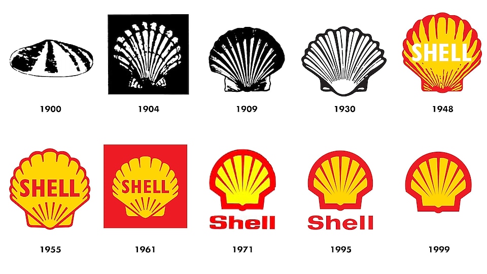 Slika prikazuje, kako so se logotipi Shell spreminjali od leta 1900 do dana&scaron;njega logotipa.